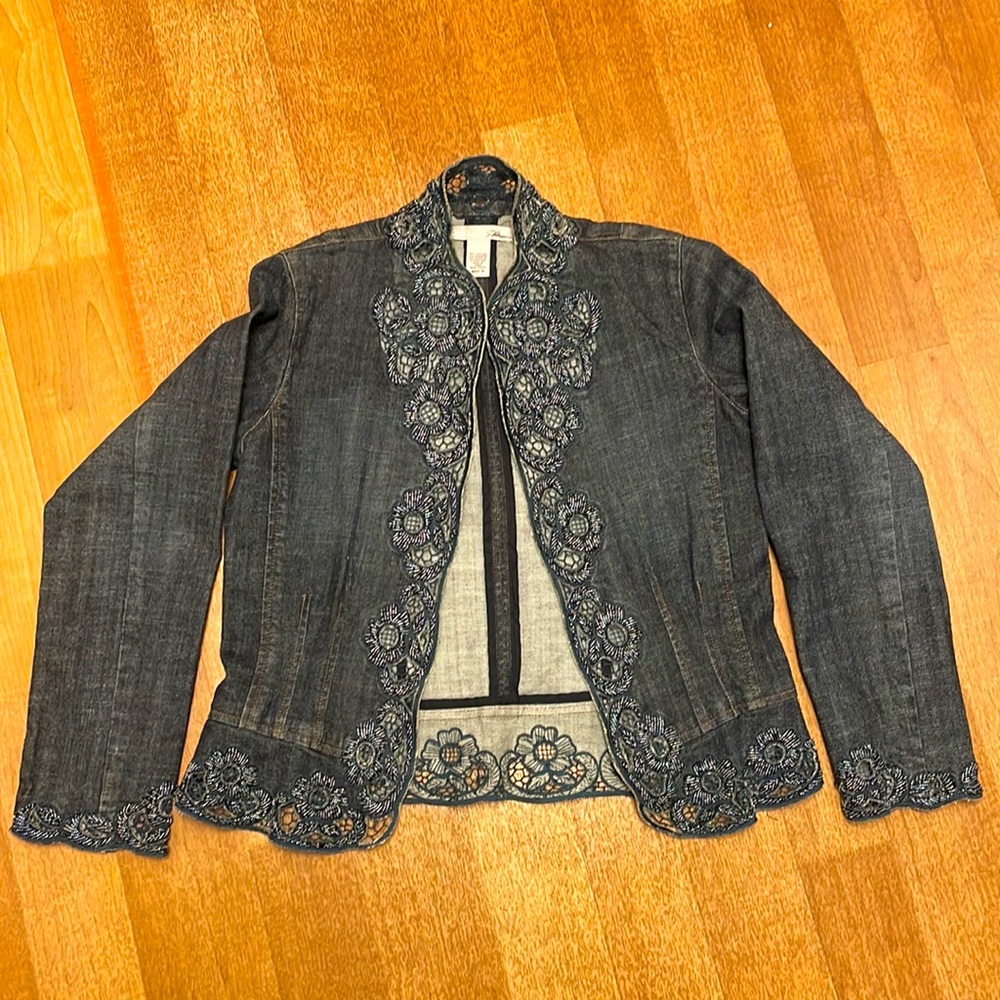 Unique CHICO’S Beaded denim jacket size 0 but fits up to a medium Never Worn